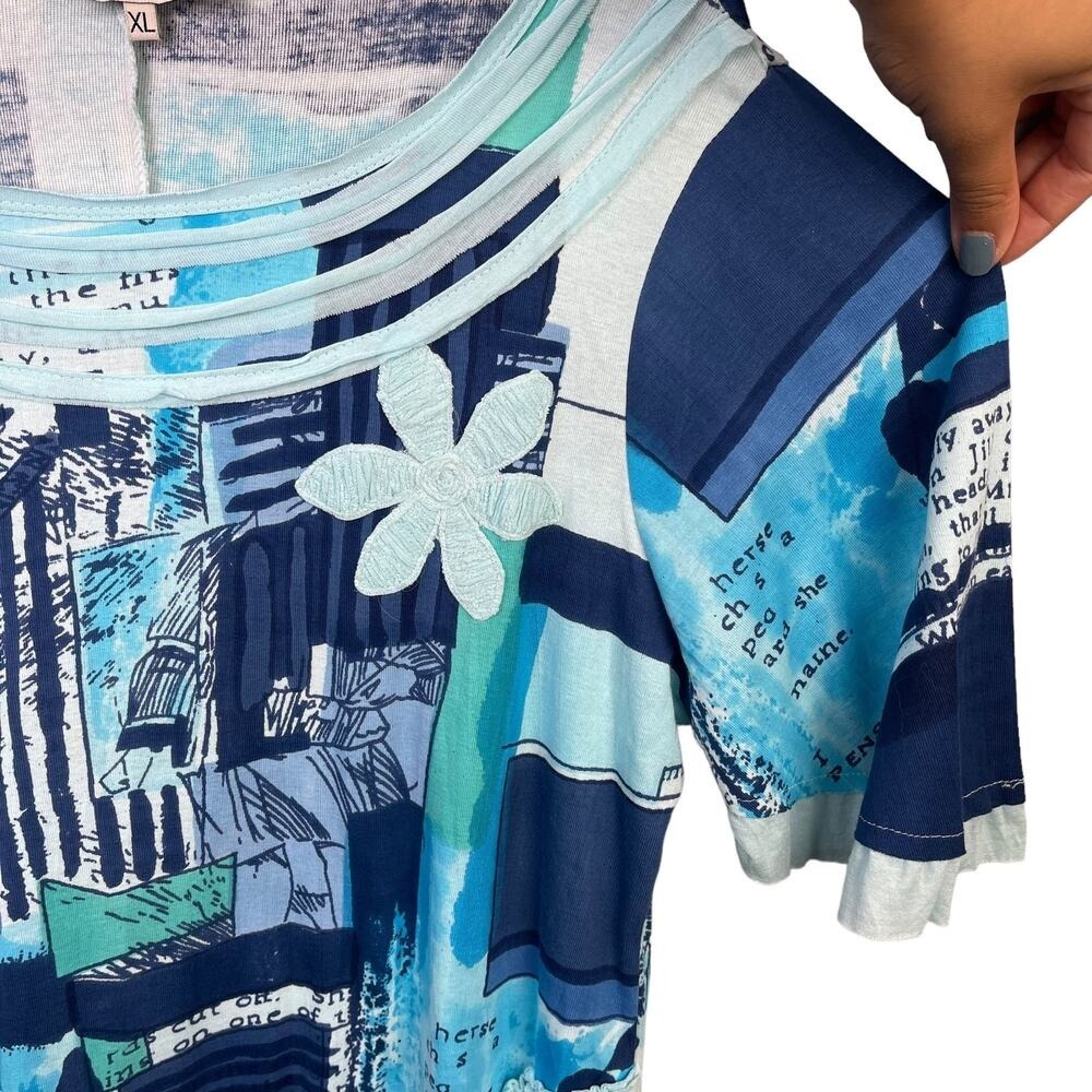 Anuna's Blue Abstract Newspaper Print Ruffle Handkerchief Tunic XL Lagenlook - Picture 6 of 10